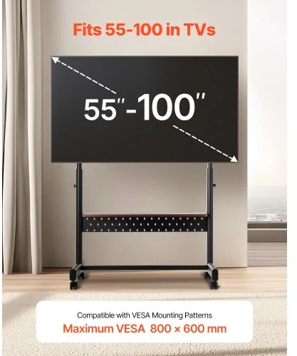 TV staliukas VEVOR Universalus TV stovas, mobilus, reguliuojamas aukštis, su padėklu, 55-100 colių, YBTC-03