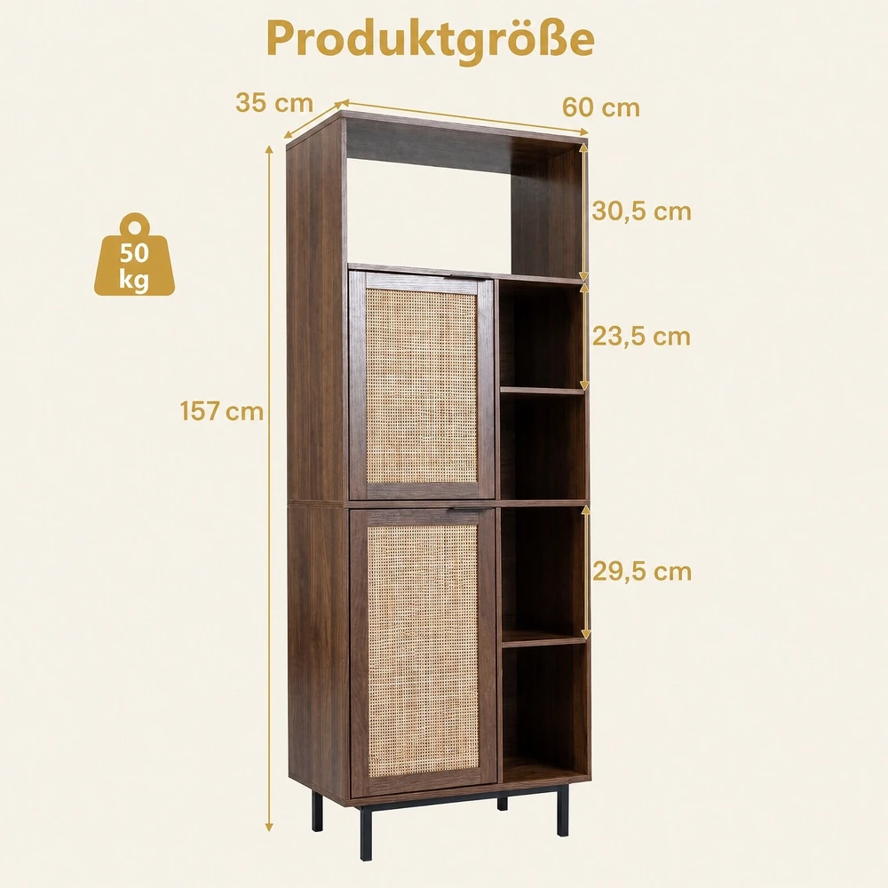 TV staliukas Promotion Ruda daiktų spintelė su 2 rotango durelėmis ir 5 skyriais, 60 x 35 x 157 cm