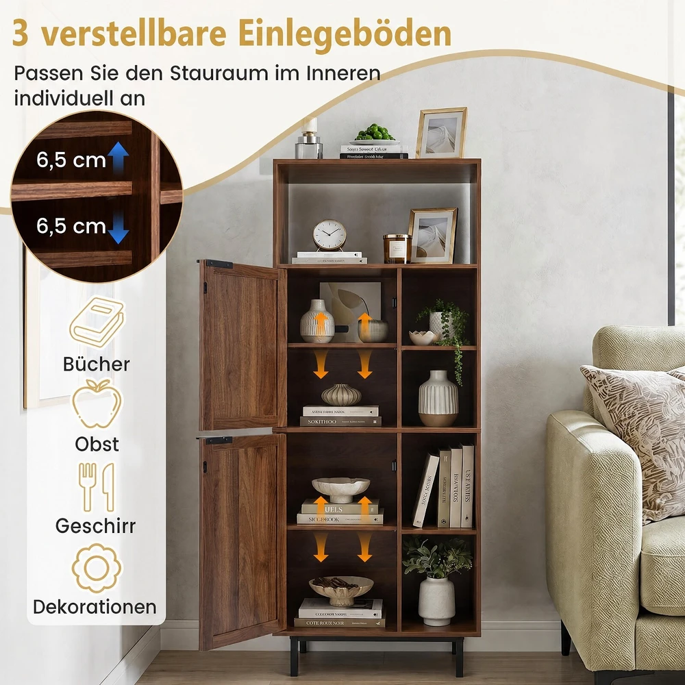 TV staliukas Promotion Ruda daiktų spintelė su 2 rotango durelėmis ir 5 skyriais, 60 x 35 x 157 cm