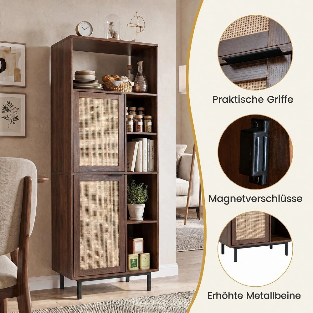 TV staliukas Promotion Ruda daiktų spintelė su 2 rotango durelėmis ir 5 skyriais, 60 x 35 x 157 cm