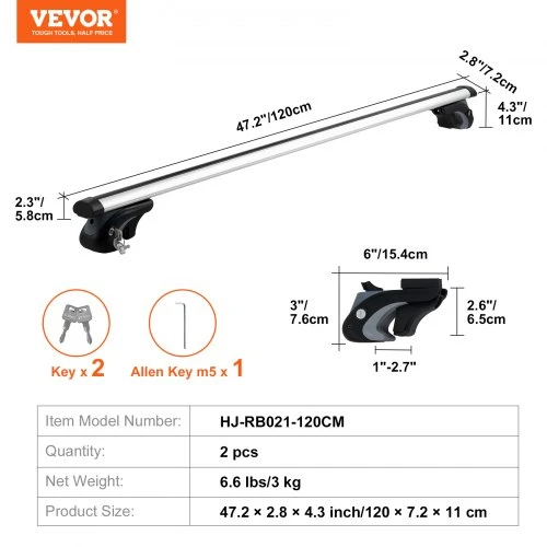 VEVOR Universalus stogo bagažinės skersinis, 119,9 cm, transporto priemonėms su paaukštintais šoniniais bėgeliais
