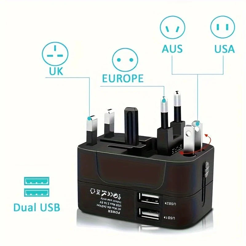 Kelioninis adapteris, universalus kištukas, juodas