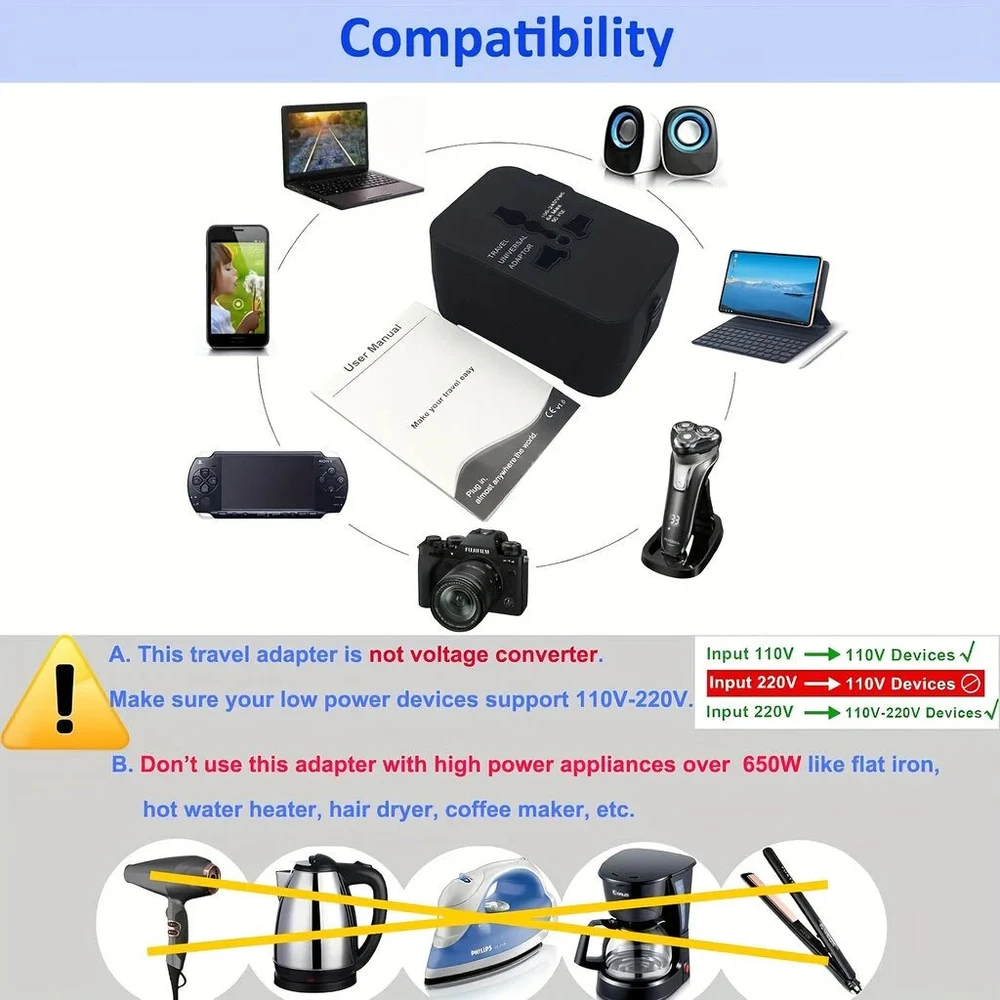 Kelioninis adapteris, universalus kištukas, juodas