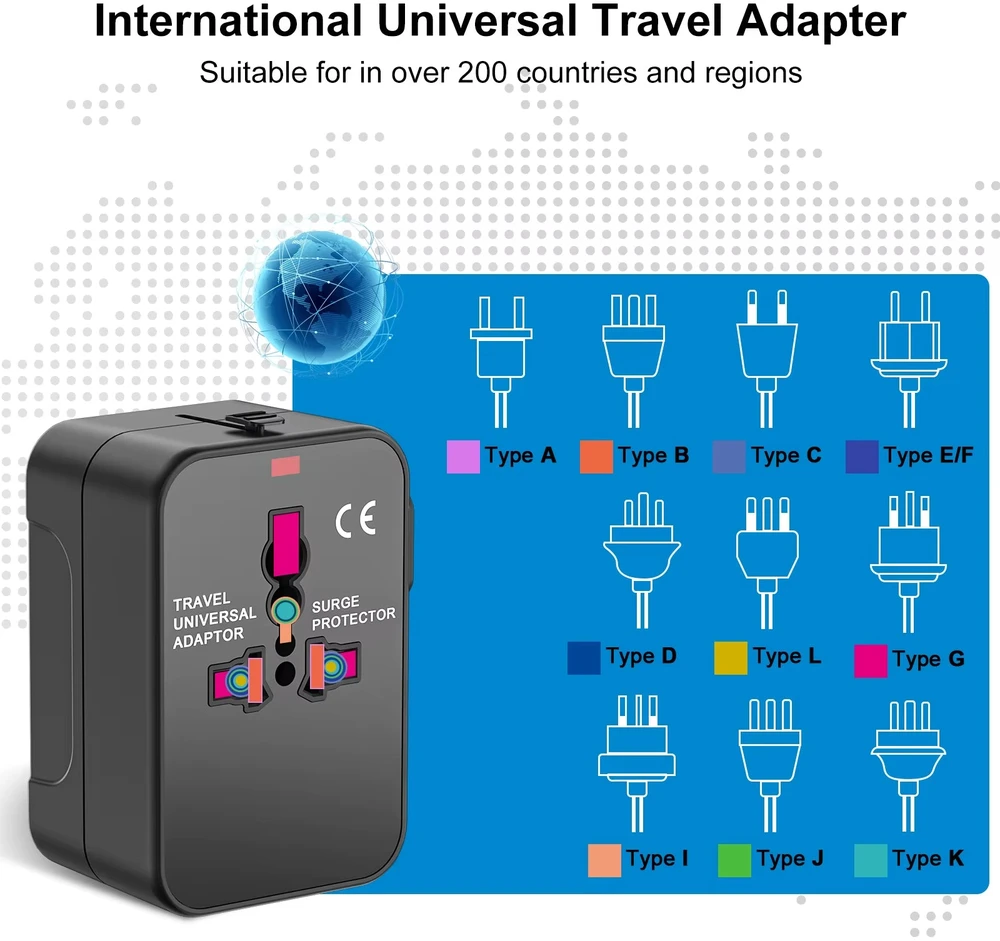 Kelioninis adapteris, universalus kištukas, tinkantis visam pasauliui, su type-c, juodas, Nordhelios