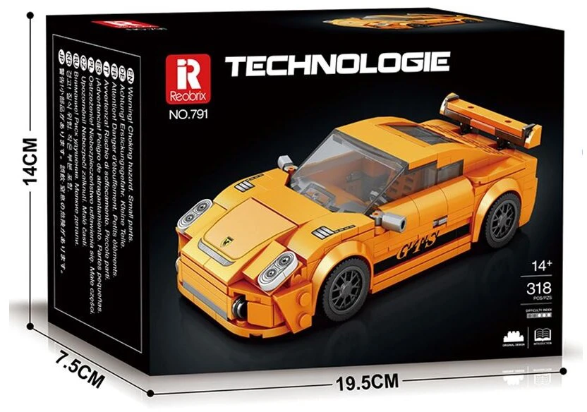 Konstruktorius/dėlionė oranžinė mašinėlė Porsche 911, 318 dalių