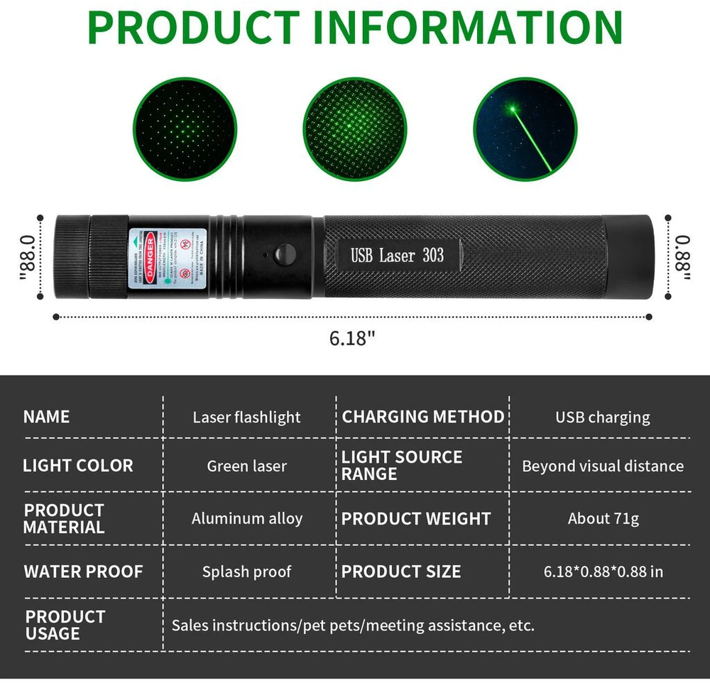Lazeris su USB pakrovimu, žalias