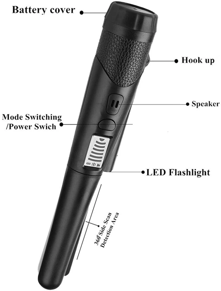 Rankinis metalo detektorius su LED indikatoriumi, juodas