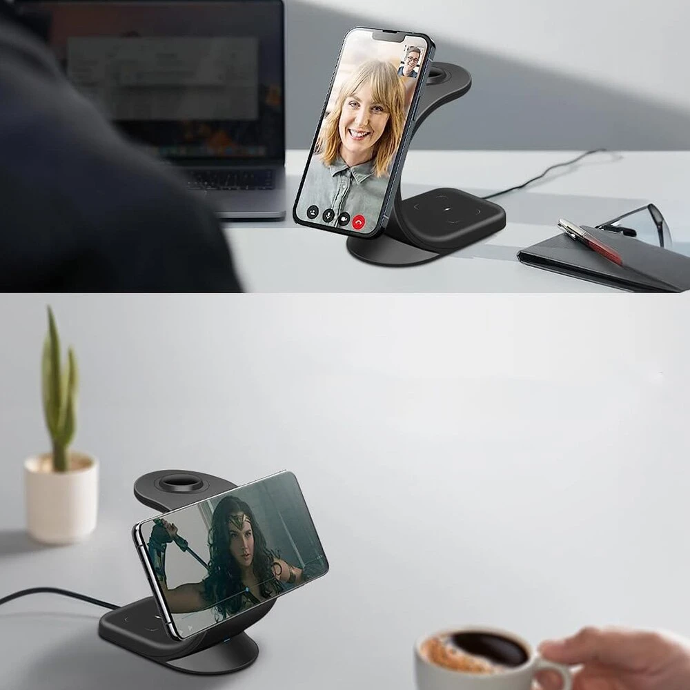 Telefono laikiklis su nuotolinio įkrovimo funkcija telefonui, laikrodžiui, ausinėms