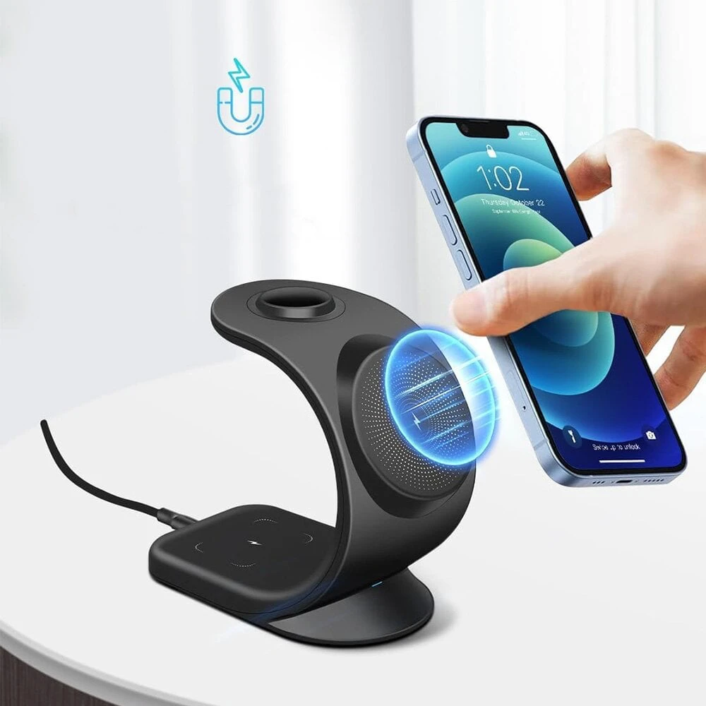 Telefono laikiklis su nuotolinio įkrovimo funkcija telefonui, laikrodžiui, ausinėms