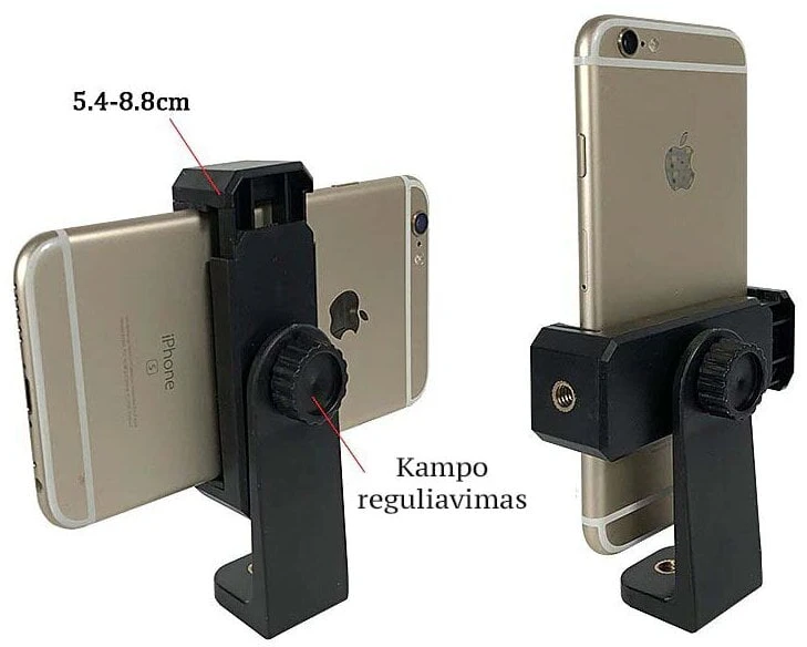 Trikojis stovas/laikiklis telefonui "tripo" su plastikinėmis nelankstomomis kojomis ir dirželiu laikymui, juodas