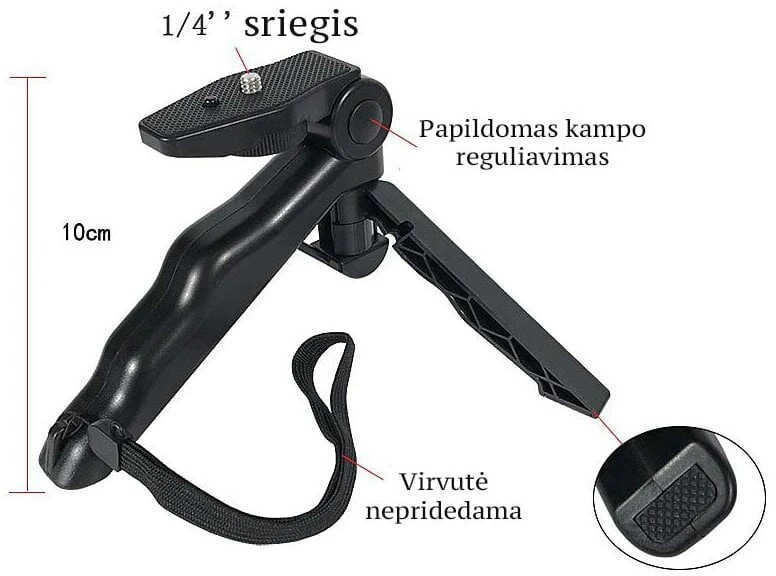 Trikojis stovas/laikiklis telefonui "tripo" su plastikinėmis nelankstomomis kojomis ir dirželiu laikymui, juodas