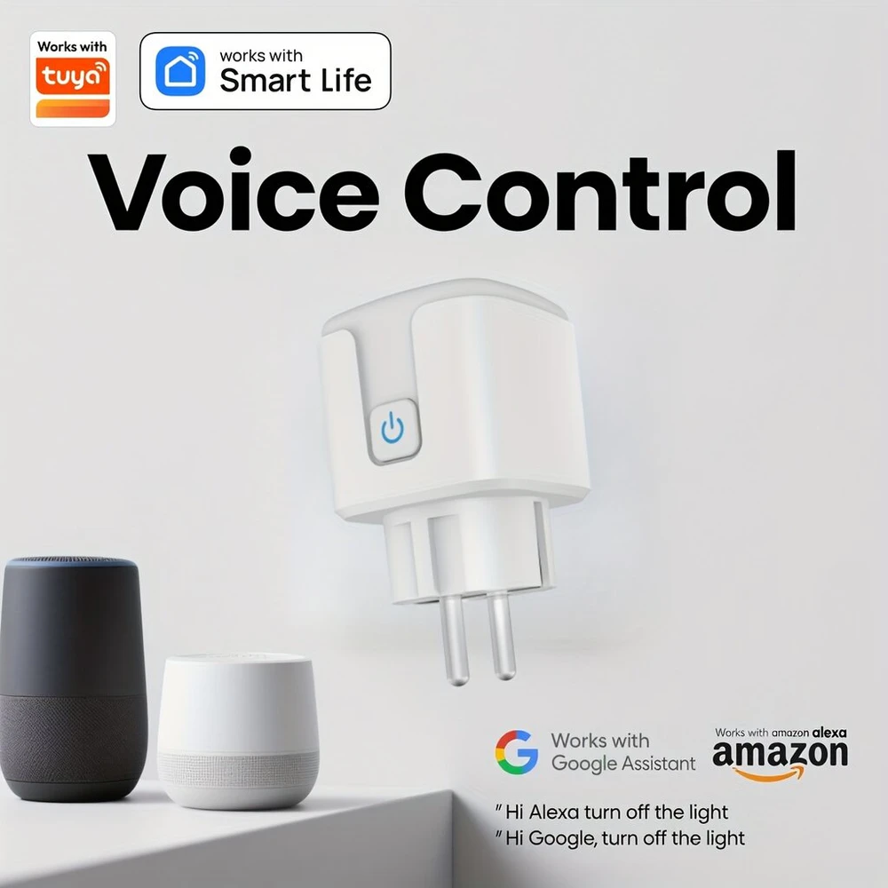 Tuya išmanus rozetės kištukas, baltas, valdomas programėle, balsu, veikia su Google assistant, amazon alexa balso kontrole