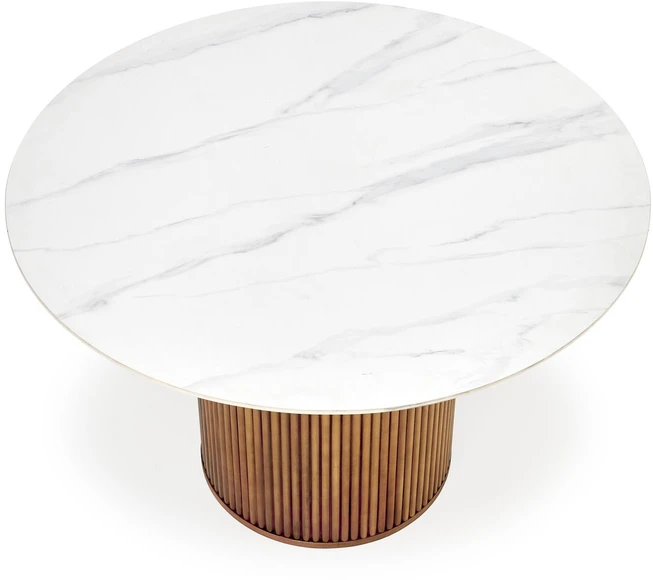 BRUNO round table, baltas marble / walnut