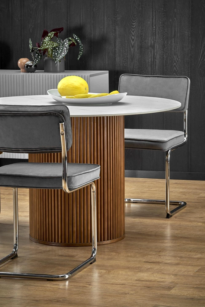 BRUNO round table, baltas marble / walnut