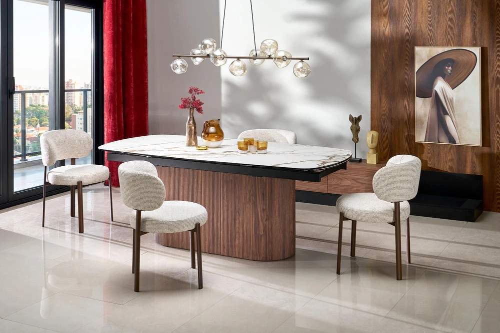 FLAVOR extension table, baltas marble / walnut