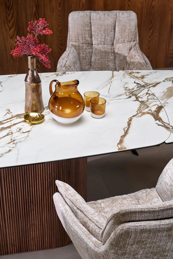FLAVOR extension table, baltas marble / walnut