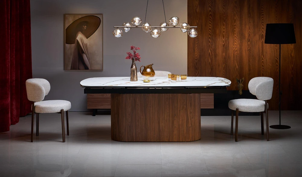 FLAVOR extension table, baltas marble / walnut