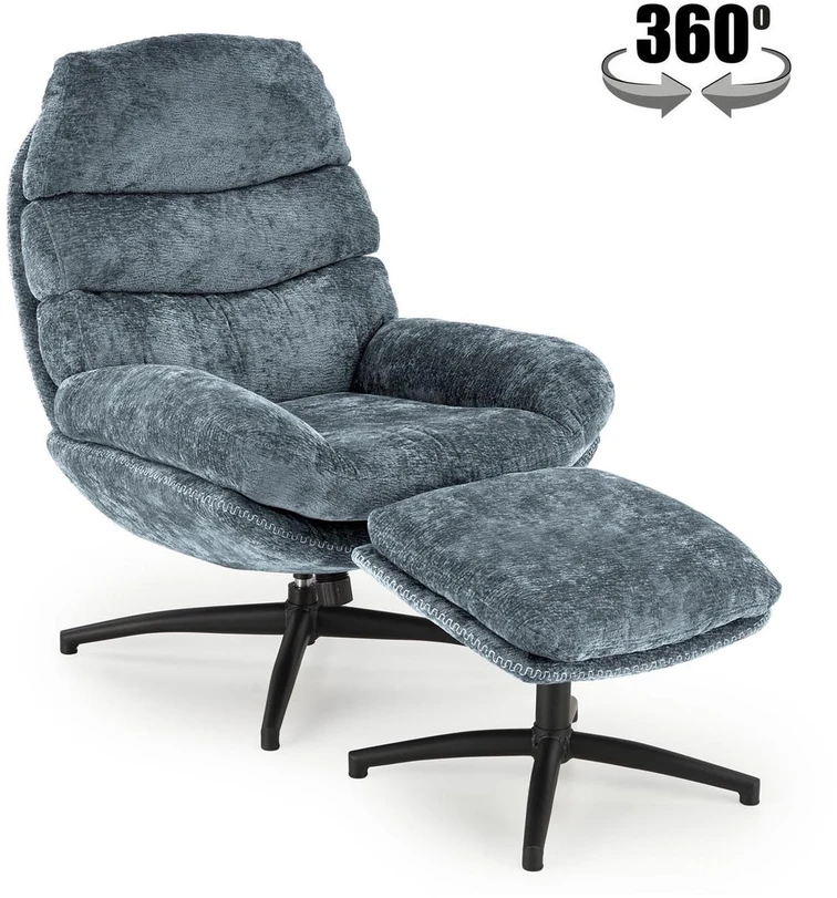 Fotelis Blue DARIO leisure chair, with stool, mėlynas