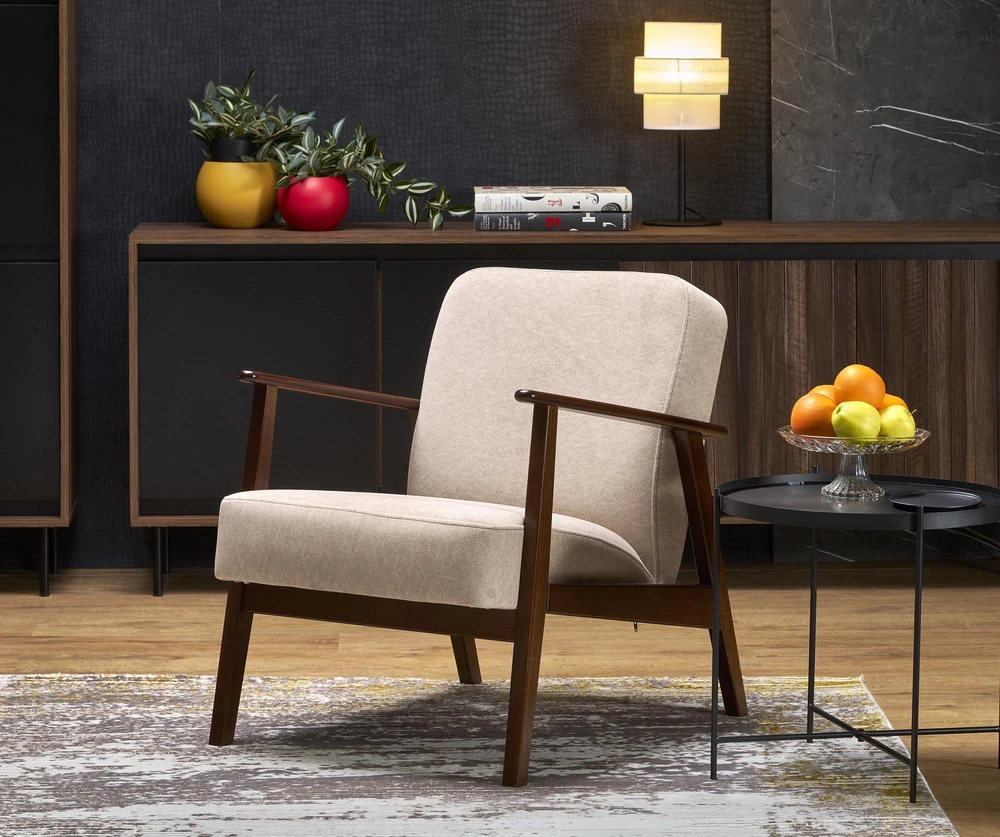 Fotelis MILANO 1S, leisure chair, beige CASTEL#15 / dark walnut
