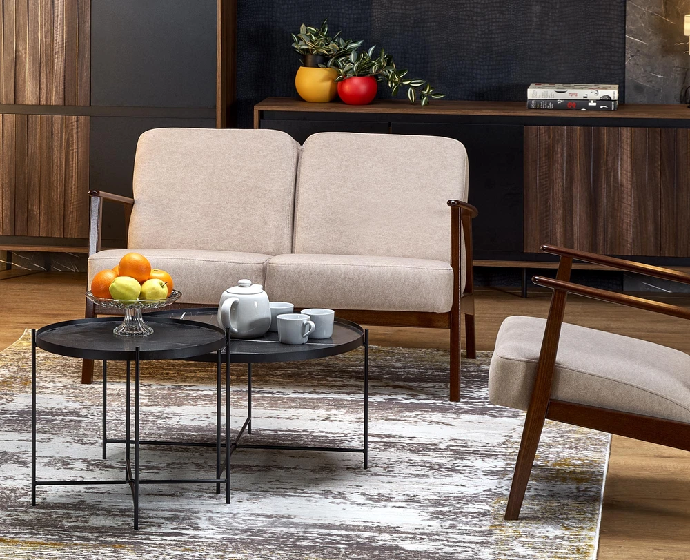 Fotelis MILANO 2S sofa, smėlio spalvos CASTEL#15 / tamsus riešutas