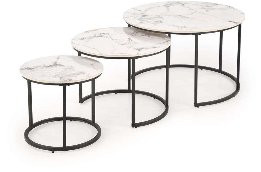 GILDA set of three coffee tables, baltas marble / juodas