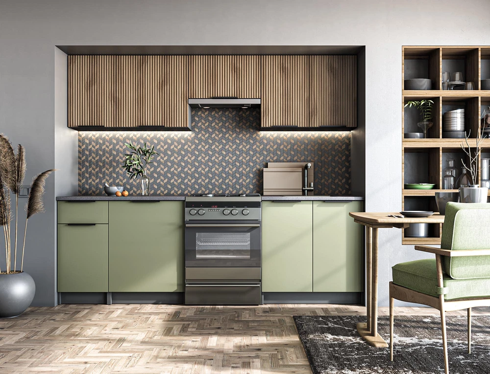 KSENIA 240 kitchen set, color: front - light walnut / pistachio, body – antracite, worktop – pilkas