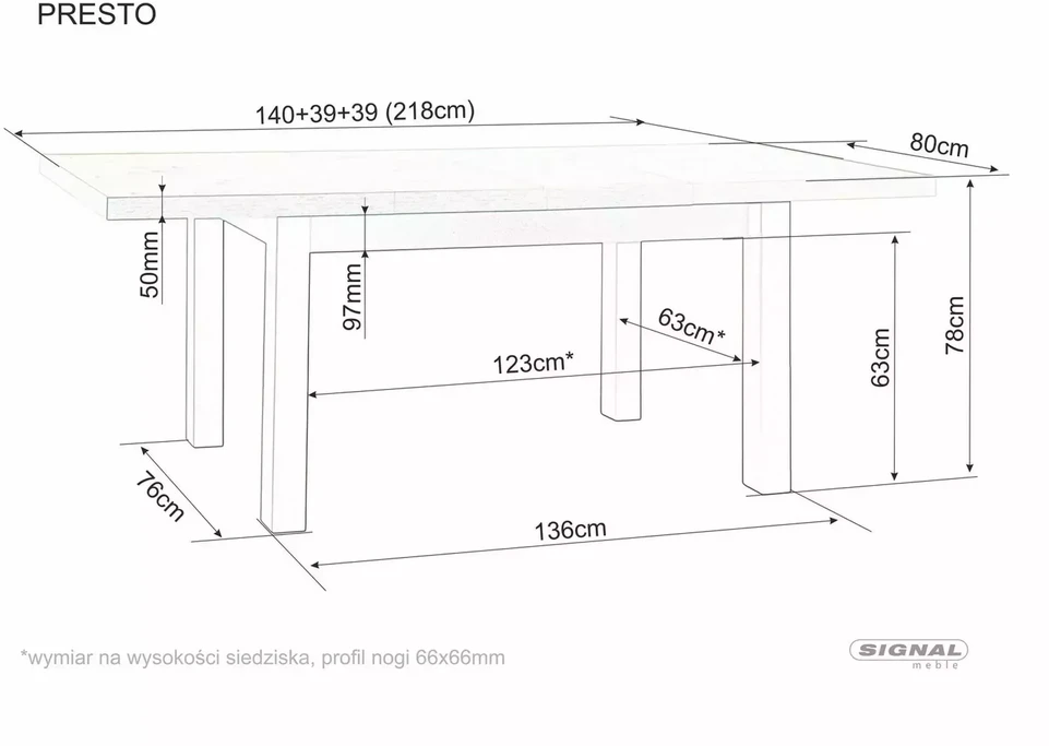 Signal Meble Valgomojo stalas SIGNAL Presto, 140(218)x80x78 cm, kašmyro