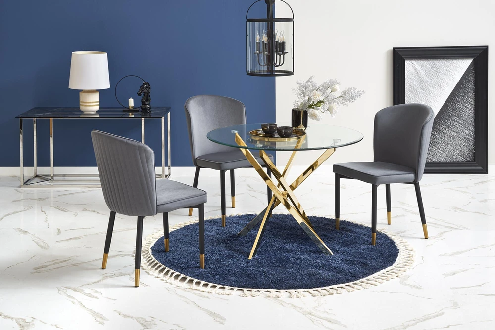 RAYMOND table, color: glass - transparent, legs - auksinis
