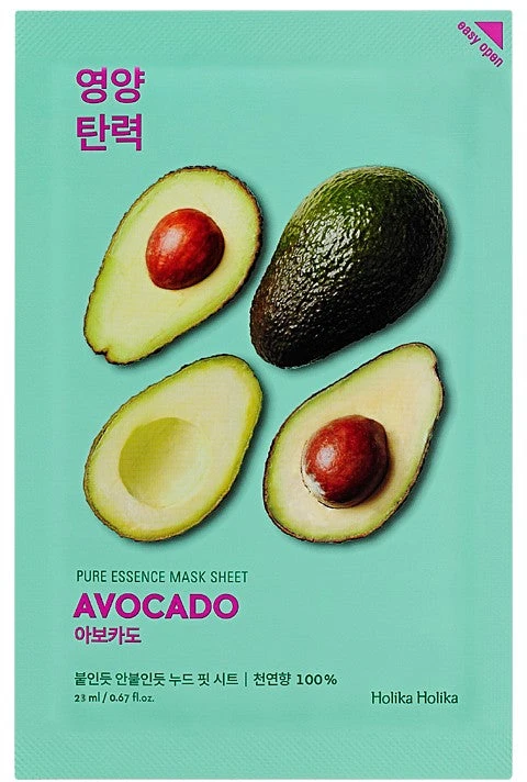 Holika Holika Pure Essence Mask Sheet - Avocado minkštinanti ir drėkinanti veido odą lakštinė veido kaukė su avokadų ekstraktu, 20 ml