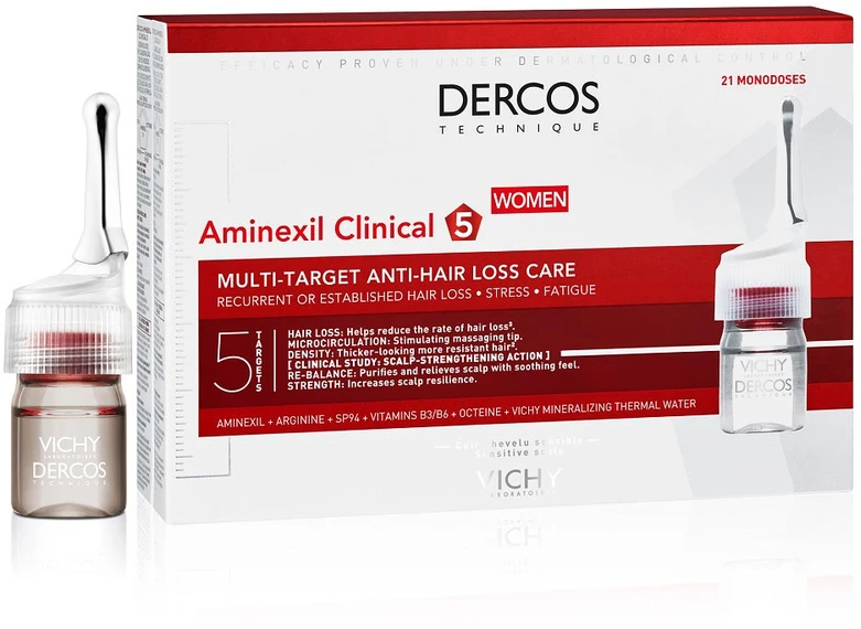 Vichy Dercos Aminexil Clinical 5, ampulės nuo plaukų slinkimo moterims, 21x6 ml