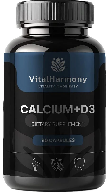 Pagaminta ES pagal SIA MatrixSoftLabs užsakymą (Latvija) VitalHarmony Calcium + D3 – 90 kapsulių