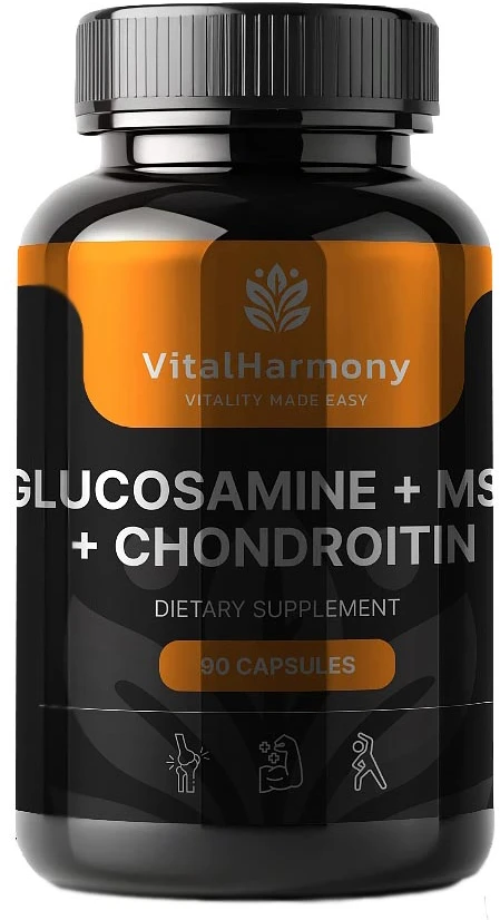 Pagaminta ES pagal SIA MatrixSoftLabs užsakymą (Latvija) VitalHarmony Gliukozaminas + MSM + Chondroitinas – 90 kapsulių