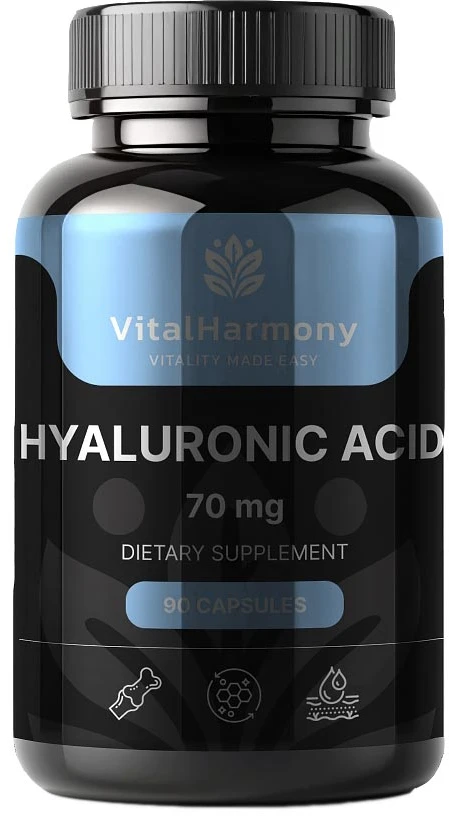 Pagaminta ES pagal SIA MatrixSoftLabs užsakymą (Latvija) VitalHarmony Hialurono rūgštis 70 mg 90 kapsulių