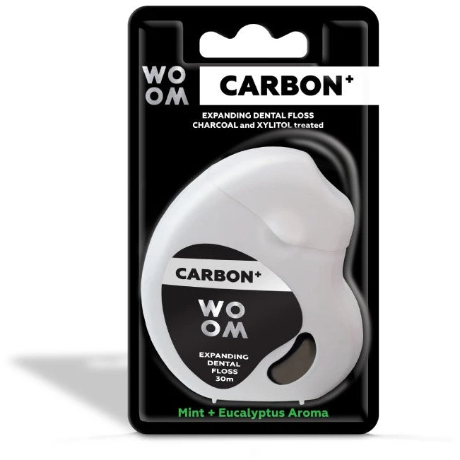 Woom Carbon+ plečiantis dantų siūlas su aktyvuota anglimi 30m