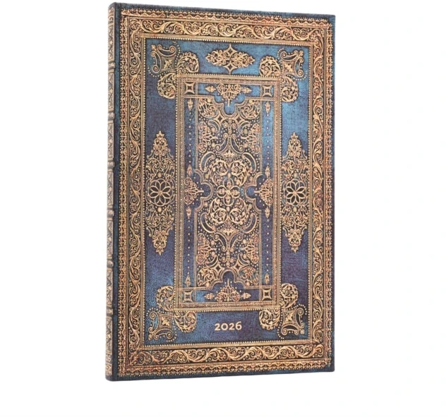 KNYGA „paperblanks 2026 Mėlyna Luxe“ (prabangus dizainas) Maxi 12 mėnesių horizontalus kietu viršeliu „Flexi Dayplanner 2026“ (su guminiu užsegimu)