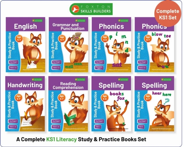 KNYGA Bookshop Complete Key Stage 1 Literacy Study &amp; Practice Books - 8-book bundle! English, Phonics, Spelling, Handwriting, Reading Comprehension for AGES 4 - 7