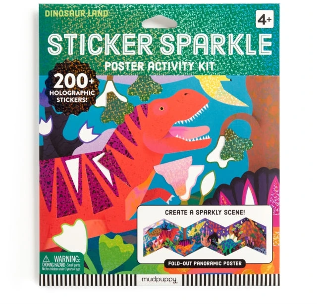 KNYGA „Mudpuppy“ dinozaurų žemės lipdukų blizgančių plakatų veiklos rinkinys