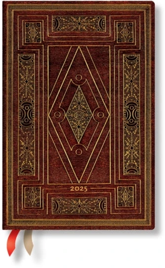 KNYGA „paperblanks“ pirmasis portfelis (Šekspyro biblioteka) Mini 12 mėnesių horizontalus kietais viršeliais dienos planuoklis 2025 (su guminiu užsegimu)