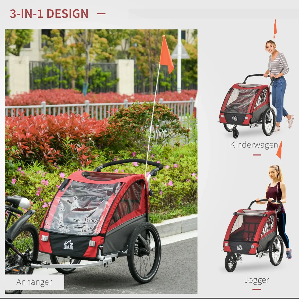 HOMCOM 3 in 1 vaikiška priekaba vaikiška jogger dviračio priekaba su 360 laipsnių pasukama priekinių ratų ratų priekaba 2 vaikams su vibracijos slopinimo sistemos laikymo maišeliu apsauga nuo oro sąlygų aliuminio raudona