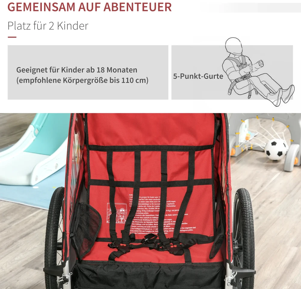 HOMCOM 3 in 1 vaikiška priekaba vaikiška jogger dviračio priekaba su 360 laipsnių pasukama priekinių ratų ratų priekaba 2 vaikams su vibracijos slopinimo sistemos laikymo maišeliu apsauga nuo oro sąlygų aliuminio raudona