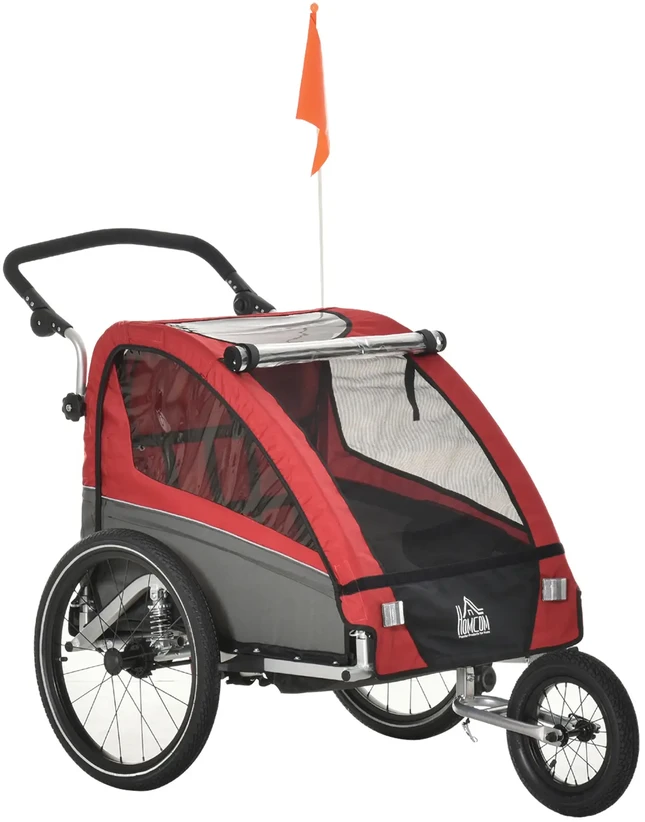 HOMCOM 3 in 1 vaikiška priekaba vaikiška jogger dviračio priekaba su 360 laipsnių pasukama priekinių ratų ratų priekaba 2 vaikams su vibracijos slopinimo sistemos laikymo maišeliu apsauga nuo oro sąlygų aliuminio raudona
