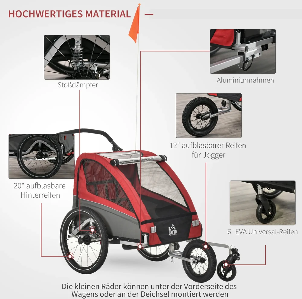 HOMCOM 3 in 1 vaikiška priekaba vaikiška jogger dviračio priekaba su 360 laipsnių pasukama priekinių ratų ratų priekaba 2 vaikams su vibracijos slopinimo sistemos laikymo maišeliu apsauga nuo oro sąlygų aliuminio raudona