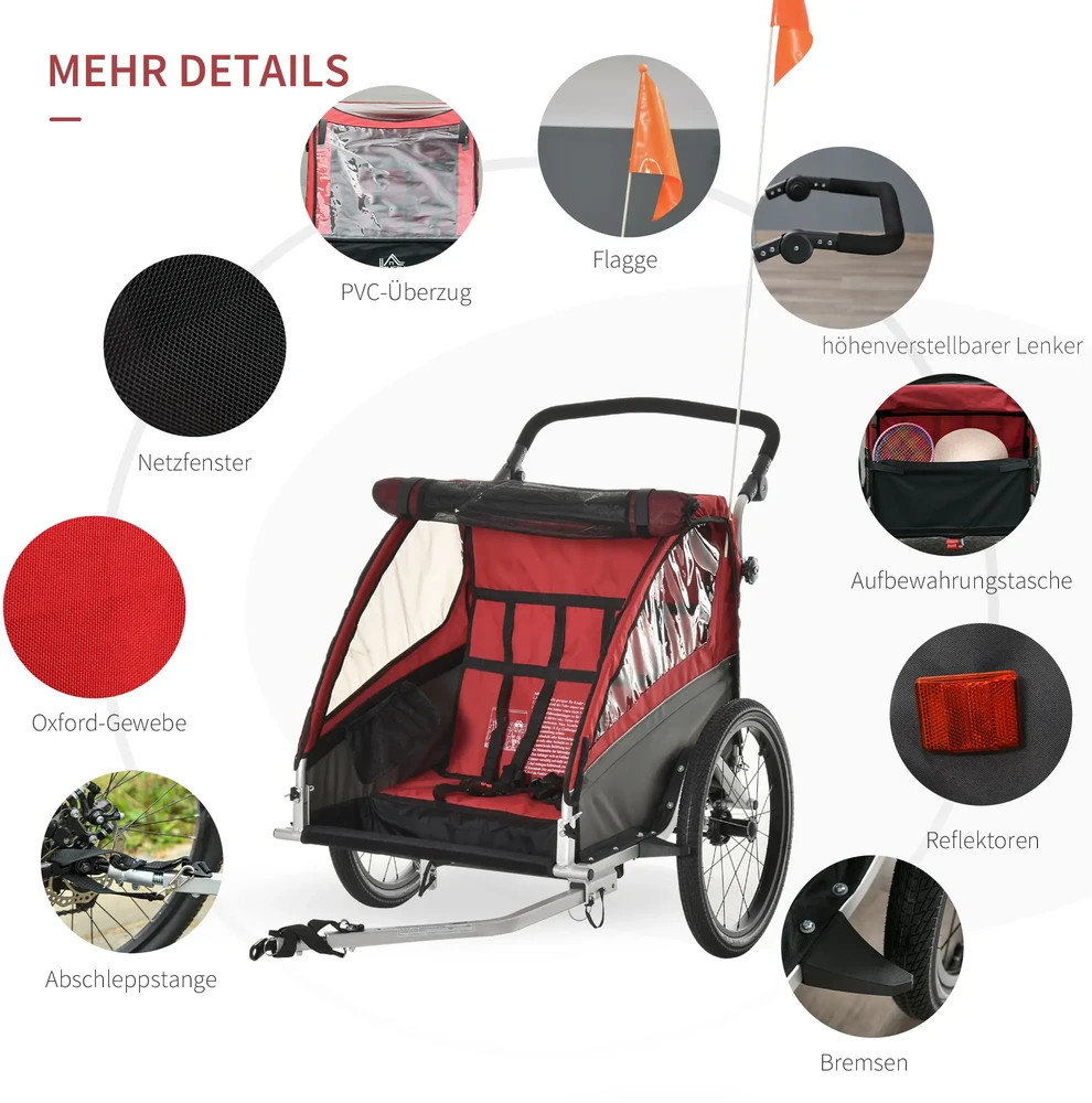 HOMCOM 3 in 1 vaikiška priekaba vaikiška jogger dviračio priekaba su 360 laipsnių pasukama priekinių ratų ratų priekaba 2 vaikams su vibracijos slopinimo sistemos laikymo maišeliu apsauga nuo oro sąlygų aliuminio raudona