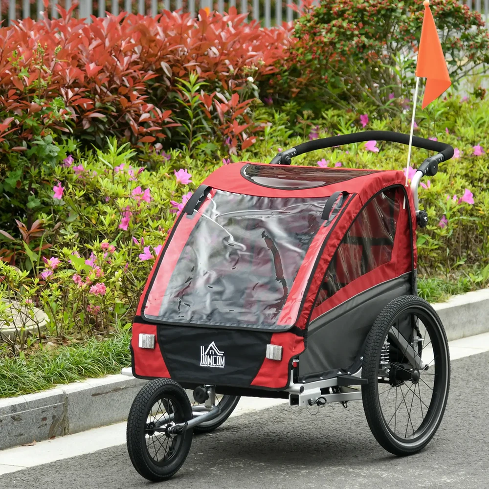 HOMCOM 3 in 1 vaikiška priekaba vaikiška jogger dviračio priekaba su 360 laipsnių pasukama priekinių ratų ratų priekaba 2 vaikams su vibracijos slopinimo sistemos laikymo maišeliu apsauga nuo oro sąlygų aliuminio raudona