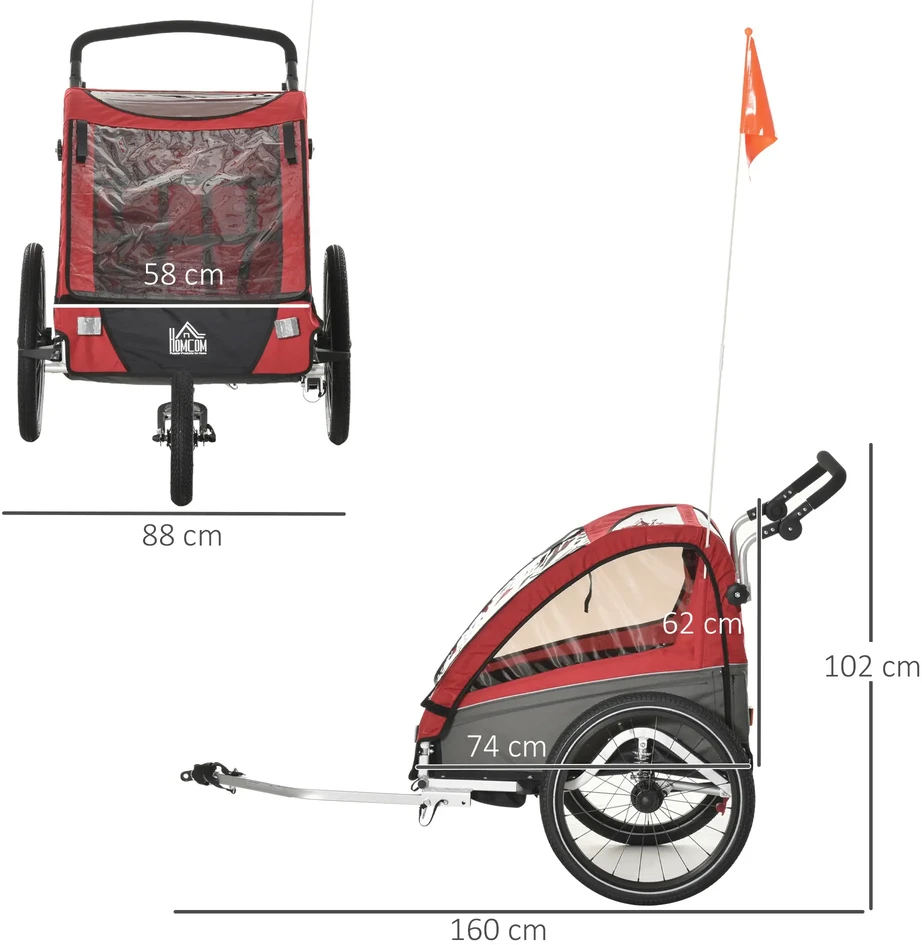 HOMCOM 3 in 1 vaikiška priekaba vaikiška jogger dviračio priekaba su 360 laipsnių pasukama priekinių ratų ratų priekaba 2 vaikams su vibracijos slopinimo sistemos laikymo maišeliu apsauga nuo oro sąlygų aliuminio raudona