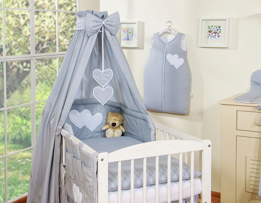 Bedding set 5-pcs with canopy- Hanging Hearts baltas polka dots one pilkas