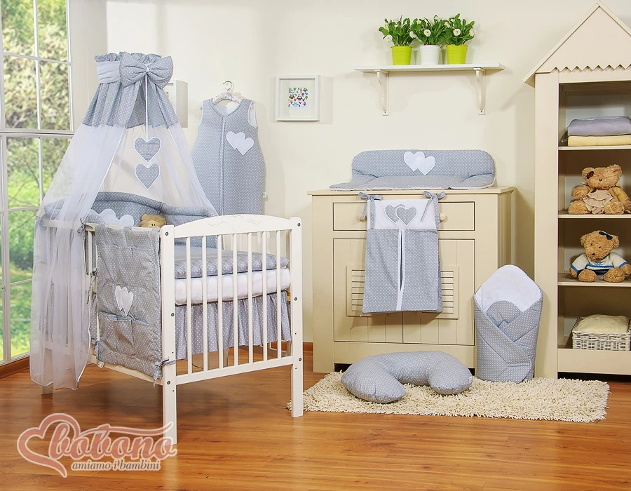 Bedding set 5-pcs with canopy- Hanging Hearts baltas polka dots one pilkas