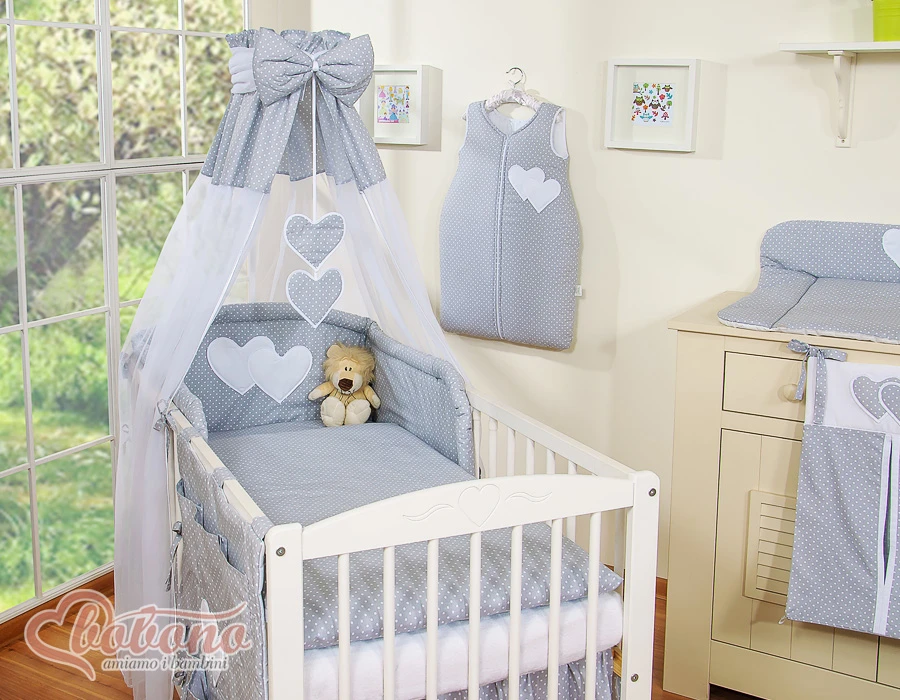 Bedding set 5-pcs with canopy- Hanging Hearts baltas polka dots one pilkas