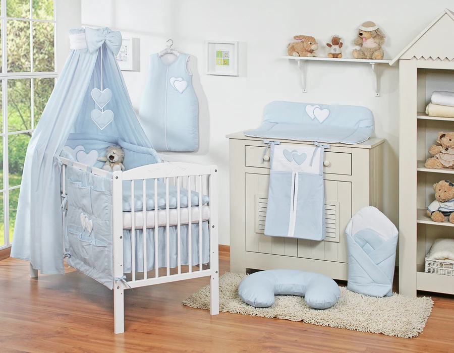 Mėlynas 5 dalių kūdikio patalynės komplektas su baldakimu