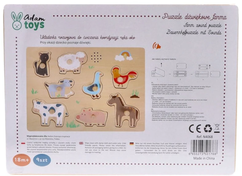 Adam Toys Garso lavinimo medinės fermos gyvūnų dėlionės vaikams nuo 18 mėn.